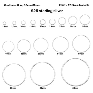 2mm Thickness Continuous Hoop Earrings Round 925 Sterling Silver (10mm-80mm)